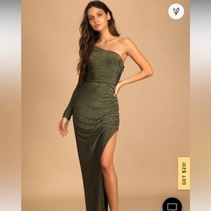 Lulus NWT Precious Prize Gold Metallic One-Shoulder Long Sleeve Maxi Dress